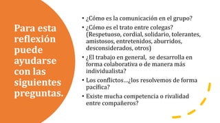 Para esta
reflexión
puede
ayudarse
con las
siguientes
preguntas.
• ¿Cómo es la comunicación en el grupo?
• ¿Cómo es el trato entre colegas?
(Respetuoso, cordial, solidario, tolerantes,
amistosos, entretenidos, aburridos,
desconsiderados, otros)
• ¿El trabajo en general, se desarrolla en
forma colaborativa o de manera más
individualista?
• Los conflictos…¿los resolvemos de forma
pacífica?
• Existe mucha competencia o rivalidad
entre compañeros?
 