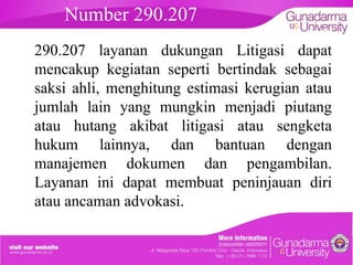 Number 290.207

embahasan

290.207 layanan dukungan Litigasi dapat
mencakup kegiatan seperti bertindak sebagai
saksi ahli, menghitung estimasi kerugian atau
jumlah lain yang mungkin menjadi piutang
atau hutang akibat litigasi atau sengketa
hukum lainnya, dan bantuan dengan
manajemen dokumen dan pengambilan.
Layanan ini dapat membuat peninjauan diri
atau ancaman advokasi.

 