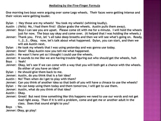 Mediating by the Five-Finger Formula
One morning two boys were arguing over some Lego wheels. Their faces were getting intense and
their voices were getting louder.
Dylan : Hey those are my wheels! You took my wheels! (whining loudly).
Austin : (Yells) No, I had them first! (Dylan grabs the wheels. Austin pulls them away).
Jenner: Boys I can see you are upset. Please come sit with me for a minute. I will hold the wheels
just for now. The boys say okay and come over. (it helped that I was holding the wheels.)
Jenner: Thank you. First, let ‘s all take deep breaths and then we will see what’s going on. Ready,
1…2…3… Okay, now, let’s talk about what happened. Dylan, you can start, and then we
will ask Austin next.
Dylan : He took my wheels that I was using yesterday and was gonna use today.
Jenner: Done? Okay Austin now you tell me what happened.
Austin : He wasn’t here yet so I thought I could use the wheels.
Jenner: It sounds to me like we are having trouble figuring out who should get the wheels, huh
Boys : Yeah!
Jenner: Okay, let’s see if we can come with a way that you will both get a chance with the wheels.
Do either of you have an idea?
Dylan : He should give them back to me.
Jenner: Austin, do you think that is a fair idea?
Austin : No! Then when do I get to play with them?
Jenner: Can you think of another idea so that both of you will have a chnace to use the wheels?
Dylan : He can keep using them today and them tomorrow, I will get to use them.
Jenner: Austin, what do you think of that idea?
Austin : Okay.
Jenner: Great! But next time something like this happens we need to use our words and not get
mad right away. Then if it is still a problem, come and get me or another adult in the
class. Does that sound alright to you?
Boys : Yes.
Jenner: Okay, go play!
 