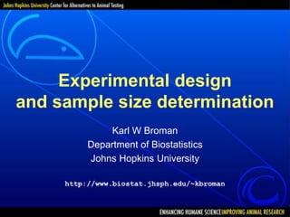 Experimental design
and sample size determination
Karl W Broman
Department of Biostatistics
Johns Hopkins University
http://www.biostat.jhsph.edu/~kbroman
 