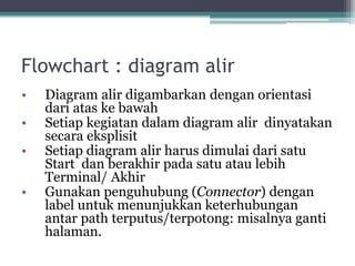 Flowchart : diagram alir
• Diagram alir digambarkan dengan orientasi
dari atas ke bawah
• Setiap kegiatan dalam diagram alir dinyatakan
secara eksplisit
• Setiap diagram alir harus dimulai dari satu
Start dan berakhir pada satu atau lebih
Terminal/ Akhir
• Gunakan penguhubung (Connector) dengan
label untuk menunjukkan keterhubungan
antar path terputus/terpotong: misalnya ganti
halaman.
 