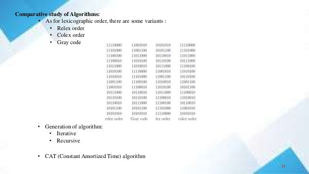 Comparative study of Algorithms:
• As for lexicographic order, there are some variants :
• Relex order
• Colex order
• Gray code
• Generation of algorithm:
• Iterative
• Recursive
• CAT (Constant Amortized Time) algorithm
12
 