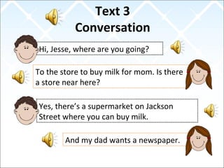Text 3
Conversation
Hi, Jesse, where are you going?
To the store to buy milk for mom. Is there
a store near here?
Yes, there’s a supermarket on Jackson
Street where you can buy milk.
And my dad wants a newspaper.
 