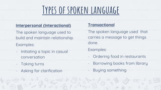 Interpersonal (Interactional)
The spoken language used to
build and maintain relationship.
Examples:
- Initiating a topic in casual
conversation
- Taking turns
- Asking for clarification
Types of spoken language
Transactional
The spoken language used that
carries a message to get things
done.
Examples:
- Ordering food in restaurants
- Borrowing books from library
- Buying something
6
 