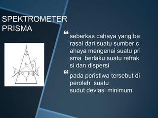 SPEKTROMETER
PRISMA
seberkas cahaya yang be
rasal dari suatu sumber c
ahaya mengenai suatu pri
sma berlaku suatu refrak
si dan dispersi
pada peristiwa tersebut di
peroleh suatu
sudut deviasi minimum
 