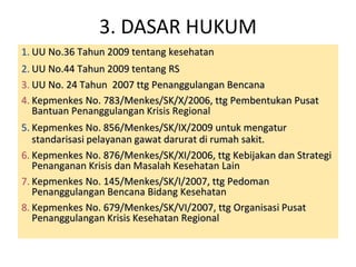 3. DASAR HUKUM 
1. UU No.36 Tahun 2009 tentang kesehatan 
2. UU No.44 Tahun 2009 tentang RS 
3. UU No. 24 Tahun 2007 ttg Penanggulangan Bencana 
4. Kepmenkes No. 783/Menkes/SK/X/2006, ttg Pembentukan Pusat 
Bantuan Penanggulangan Krisis Regional 
5. Kepmenkes No. 856/Menkes/SK/IX/2009 untuk mengatur 
standarisasi pelayanan gawat darurat di rumah sakit. 
6. Kepmenkes No. 876/Menkes/SK/XI/2006, ttg Kebijakan dan Strategi 
Penanganan Krisis dan Masalah Kesehatan Lain 
7. Kepmenkes No. 145/Menkes/SK/I/2007, ttg Pedoman 
Penanggulangan Bencana Bidang Kesehatan 
8. Kepmenkes No. 679/Menkes/SK/VI/2007, ttg Organisasi Pusat 
Penanggulangan Krisis Kesehatan Regional 
 