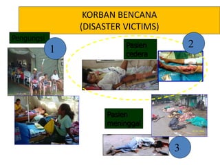 KORBAN BENCANA 
(DISASTER VICTIMS) 
Pasien 
cedera 
Pengungsi 
Pasien 
meninggal 
1 
2 
3 
 