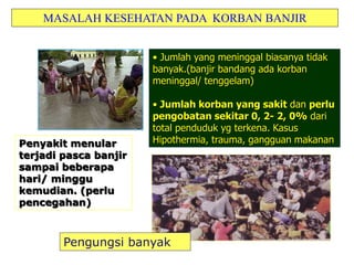 MASALAH KESEHATAN PADA KORBAN BANJIR 
Penyakit menular 
terjadi pasca banjir 
sampai beberapa 
hari/ minggu 
kemudian. (perlu 
pencegahan) 
• Jumlah yang meninggal biasanya tidak 
banyak.(banjir bandang ada korban 
meninggal/ tenggelam) 
• Jumlah korban yang sakit dan perlu 
pengobatan sekitar 0, 2- 2, 0% dari 
total penduduk yg terkena. Kasus 
Hipothermia, trauma, gangguan makanan 
Pengungsi banyak 
 