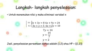 Langkah- langkah penyelesaian:
• Untuk menemukan nilai y maka eliminasi variabel x
2𝑥 + 3𝑦 = 8
3𝑥 + 𝑦 = 5
6𝑥 + 9𝑦 = 24
6𝑥 + 2𝑦 = 10
Jadi, penyelesaian persamaan diatas adalah (1,2) atau HP = {(1,2)}
X 3
X 2
7𝑦 = 14
𝑦 =
14
7
𝑦 = 2
 