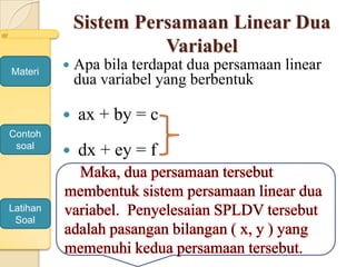 Sistem Persamaan Linear Dua
Variabel
 Apa bila terdapat dua persamaan linear
dua variabel yang berbentuk
 ax + by = c
 dx + ey = f
Materi
Contoh
soal
Latihan
Soal
 