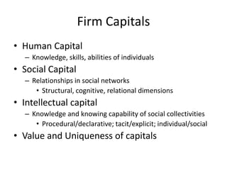 Firm Capitals
• Human Capital
– Knowledge, skills, abilities of individuals

• Social Capital
– Relationships in social networks
• Structural, cognitive, relational dimensions

• Intellectual capital
– Knowledge and knowing capability of social collectivities
• Procedural/declarative; tacit/explicit; individual/social

• Value and Uniqueness of capitals

 