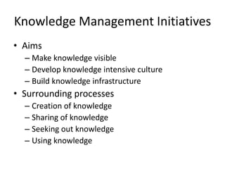 Knowledge Management Initiatives
• Aims
– Make knowledge visible
– Develop knowledge intensive culture
– Build knowledge infrastructure

• Surrounding processes
– Creation of knowledge
– Sharing of knowledge
– Seeking out knowledge
– Using knowledge

 