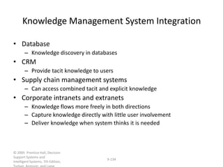 Knowledge Management System Integration
• Database
– Knowledge discovery in databases

• CRM
– Provide tacit knowledge to users

• Supply chain management systems
– Can access combined tacit and explicit knowledge

• Corporate intranets and extranets
– Knowledge flows more freely in both directions
– Capture knowledge directly with little user involvement
– Deliver knowledge when system thinks it is needed

© 2005 Prentice Hall, Decision
Support Systems and
Intelligent Systems, 7th Edition,

9-134

 