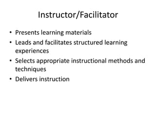 Instructor/Facilitator
• Presents learning materials
• Leads and facilitates structured learning
experiences
• Selects appropriate instructional methods and
techniques
• Delivers instruction

 