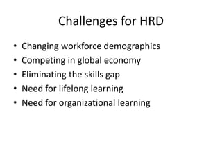 Challenges for HRD
•
•
•
•
•

Changing workforce demographics
Competing in global economy
Eliminating the skills gap
Need for lifelong learning
Need for organizational learning

 