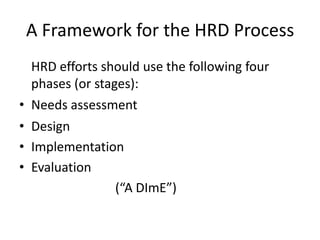 A Framework for the HRD Process
HRD efforts should use the following four
phases (or stages):
• Needs assessment
• Design
• Implementation
• Evaluation
(“A DImE”)

 