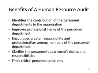Benefits of A Human Resource Audit
• Identifies the contribution of the personnel
departments to the organization
• Improves professional image of the personnel
department
• Encourages greater responsibility and
professionalism among members of the personnel
department
• Clarifies the personnel department’s duties and
responsibilities
• Finds critical personnel problems
69

 