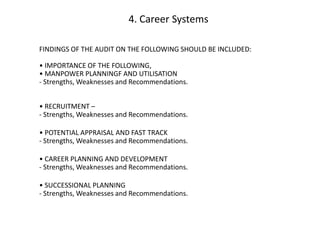 4. Career Systems
FINDINGS OF THE AUDIT ON THE FOLLOWING SHOULD BE INCLUDED:
• IMPORTANCE OF THE FOLLOWING,
• MANPOWER PLANNINGF AND UTILISATION
- Strengths, Weaknesses and Recommendations.
• RECRUITMENT –
- Strengths, Weaknesses and Recommendations.
• POTENTIAL APPRAISAL AND FAST TRACK
- Strengths, Weaknesses and Recommendations.
• CAREER PLANNING AND DEVELOPMENT
- Strengths, Weaknesses and Recommendations.
• SUCCESSIONAL PLANNING
- Strengths, Weaknesses and Recommendations.

 