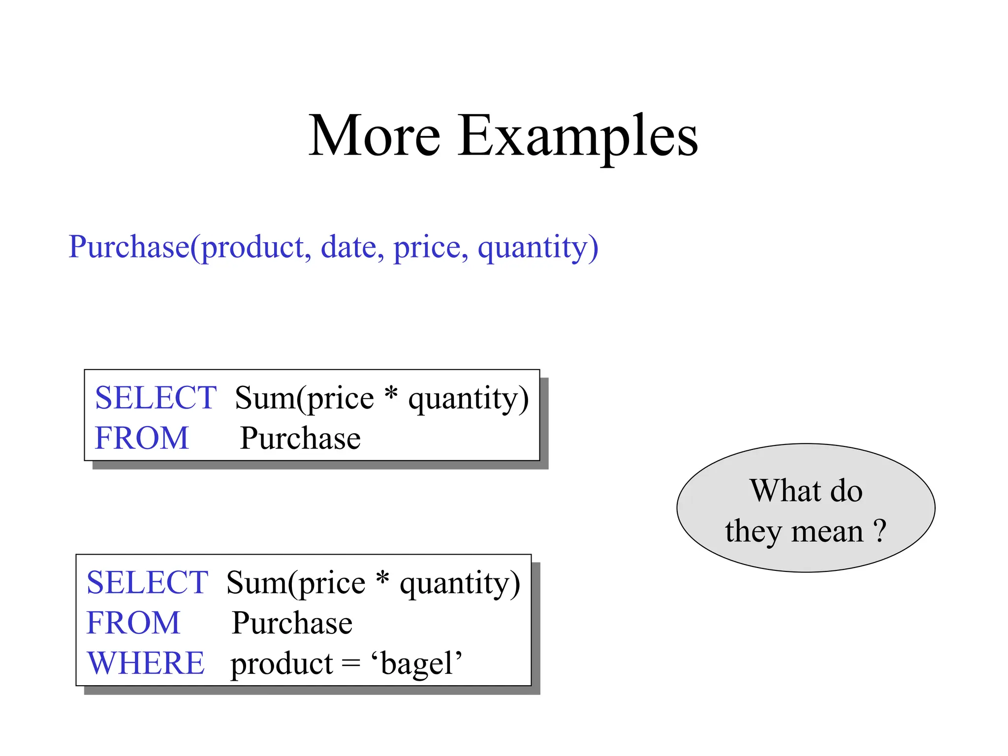 Purchase(product, date, price, quantity)
More Examples
SELECT Sum(price * quantity)
FROM Purchase
SELECT Sum(price * quantity)
FROM Purchase
WHERE product = ‘bagel’
What do
they mean ?
 