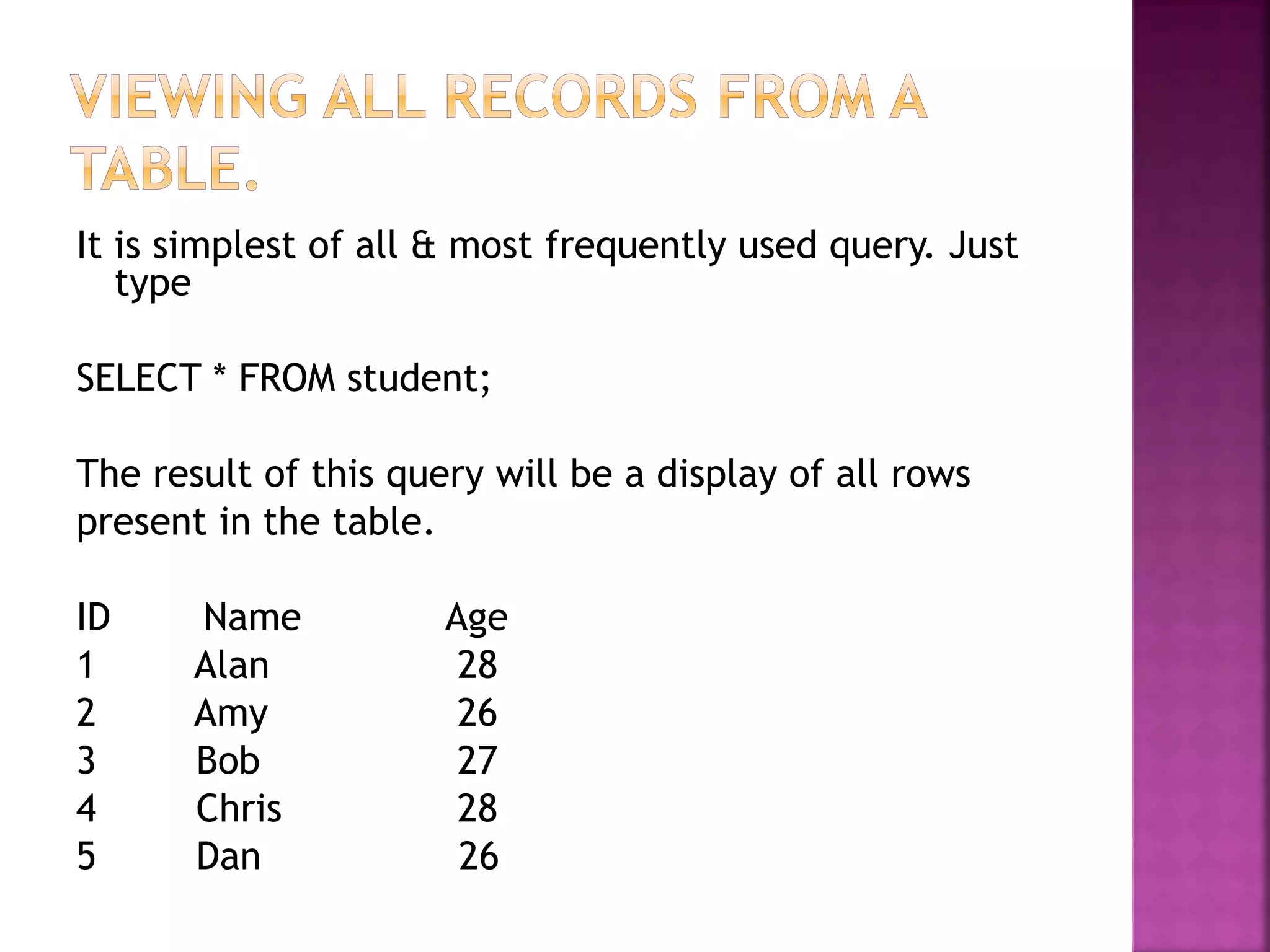 It is simplest of all & most frequently used query. Just
type
SELECT * FROM student;
The result of this query will be a display of all rows
present in the table.
ID Name Age
1 Alan 28
2 Amy 26
3 Bob 27
4 Chris 28
5 Dan 26
 