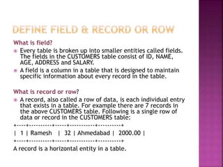 What is field?
 Every table is broken up into smaller entities called fields.
The fields in the CUSTOMERS table consist of ID, NAME,
AGE, ADDRESS and SALARY.
 A field is a column in a table that is designed to maintain
specific information about every record in the table.
What is record or row?
 A record, also called a row of data, is each individual entry
that exists in a table. For example there are 7 records in
the above CUSTOMERS table. Following is a single row of
data or record in the CUSTOMERS table:
+----+----------+-----+-----------+----------+
| 1 | Ramesh | 32 | Ahmedabad | 2000.00 |
+----+----------+-----+-----------+----------+
A record is a horizontal entity in a table.
 