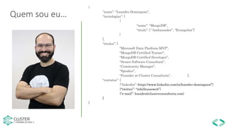 {
“nome”: “Leandro Domingues”,
“tecnologias”: [
{
“nome”: “MongoDB”,
“titulo”: [ “Ambassador”, “Evangelist”]
}
],
“titulos”: [
“Microsoft Data Platform MVP”,
“MongoDB Certified Trainer”,
“MongoDB Certified Developer”,
“Senior Software Consultant”,
“Community Manager”,
“Speaker”,
“Founder at Cluster Consultoria”, ],
“contatos”: [
{“linkedin”: https://www.linkedin.com/in/leandro-domingues/”}
{“twitter”: “@delbussoweb”}
{“e-mail”: leandro@clusterconsultoria.com}
]
}
Quem sou eu…
 