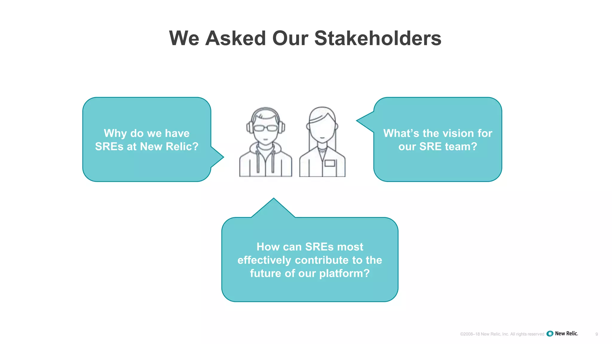 ©2008–18 New Relic, Inc. All rights reserved 9
We Asked Our Stakeholders
Why do we have
SREs at New Relic?
What’s the vision for
our SRE team?
How can SREs most
effectively contribute to the
future of our platform?
 