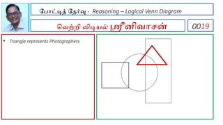 PAR
போட்டித் தேர்வு - Reasoning – Logical Venn Diagram
வெற்றி விடியல் ஸ்ரீனிவாசன் 0019
• Triangle represents Photographers
 