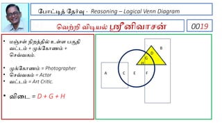 PAR
போட்டித் தேர்வு - Reasoning – Logical Venn Diagram
வெற்றி விடியல் ஸ்ரீனிவாசன் 0019
• மஞ்சள் நிறத்தில் உள்ள பகுதி
வட்டம் + முக்கோணம் +
செவ்வகம்.
• முக்கோணம் = Photographer
• செவ்வகம் = Actor
• வட்டம் = Art Critic.
• விடை = D + G + H
B
D
G
H
A C E F
 