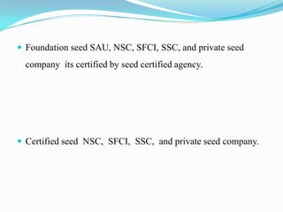  Foundation seed SAU, NSC, SFCI, SSC, and private seed
  company its certified by seed certified agency.




 Certified seed NSC, SFCI, SSC, and private seed company.
 