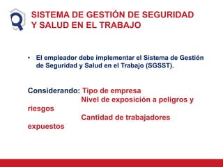 • El empleador debe implementar el Sistema de Gestión
de Seguridad y Salud en el Trabajo (SGSST).
Considerando: Tipo de empresa
Nivel de exposición a peligros y
riesgos
Cantidad de trabajadores
expuestos
SISTEMA DE GESTIÓN DE SEGURIDAD
Y SALUD EN EL TRABAJO
 