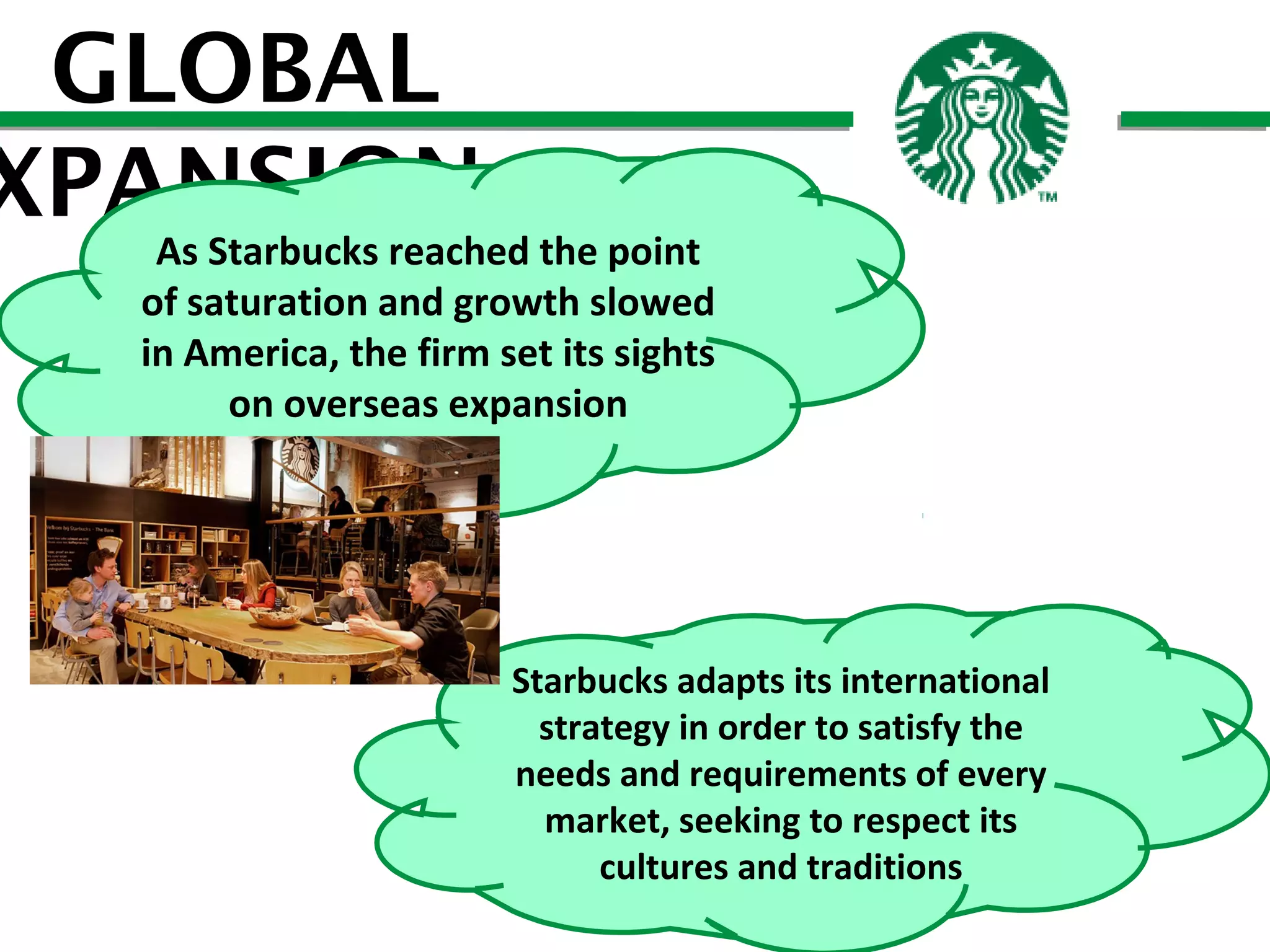 GLOBAL
XPANSION

As Starbucks reached the point
of saturation and growth slowed
in America, the firm set its sights
on overseas expansion

Starbucks adapts its international
strategy in order to satisfy the
needs and requirements of every
market, seeking to respect its
cultures and traditions

 
