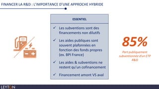 FINANCER LA R&D : L’IMPORTANCE D’UNE APPROCHE HYBRIDE
 Les subventions sont des
financements non dilutifs
 Les aides publiques sont
souvent plafonnées en
fonction des fonds propres
(ex. BPI France)
 Les aides & subventions ne
restent qu’un cofinancement
 Financement amont VS aval
ESSENTIEL
85%Part publiquement
subventionnée d’un ETP
R&D
 