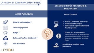 AIDES PUBLIQUES Retenir l’essentiel
CREDITS D’IMPÔT RECHERCHE &
INNOVATION
 Etat de l’art VS Etat du marché
 Incertitudes techniques
 Démarche d’expérimentation VS
Finalité produit
Le point clé : Le contrôle fiscal
Facteur de stress et de perte de temps
si insuffisamment préparé et anticipé
Dimensions pédagogique, technique,
fiscale
Possibilité de mobiliser et/ou
préfinancer
Maturité technologique ?
LA « R&D » ET SON FINANCEMENT PUBLIC
Chronologie projet ?
Budget ?
Collaboratif ou Non Collaboratif ?
Taux de succès ?
 