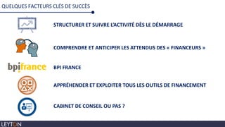 QUELQUES FACTEURS CLÉS DE SUCCÈS
STRUCTURER ET SUIVRE L’ACTIVITÉ DÈS LE DÉMARRAGE
COMPRENDRE ET ANTICIPER LES ATTENDUS DES « FINANCEURS »
BPI FRANCE
APPRÉHENDER ET EXPLOITER TOUS LES OUTILS DE FINANCEMENT
CABINET DE CONSEIL OU PAS ?
 