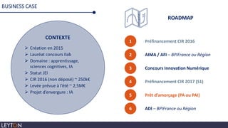 BUSINESS CASE
CONTEXTE
 Création en 2015
 Lauréat concours Ilab
 Domaine : apprentissage,
sciences cognitives, IA
 Statut JEI
 CIR 2016 (non déposé) ~ 250k€
 Levée prévue à l’été ~ 2,5M€
 Projet d’envergure : IA
ROADMAP
1
2
3
4
Préfinancement CIR 2016
AIMA / AFI – BPIFrance ou Région
Concours Innovation Numérique
Préfinancement CIR 2017 (S1)
5 Prêt d’amorçage (PA ou PAI)
6 ADI – BPIFrance ou Région
 