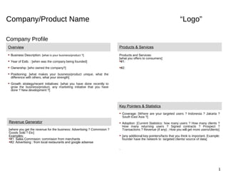Company/Product Name                                                                                                 “Logo”

Company Profile
Overview                                                                 Products & Services

 Business Description: [what is your business/product ?]                Products and Services:
                                                                         [what you offers to consumers]
 Year of Estb. : [when was the company being founded]                   #1:

 Ownership: [who owned the company?]                                    #2:

 Positioning: [what makes your business/product unique, what the
  difference with others, what your strength]
 Growth strategy/recent initiatives: [what you have done recently to
  grow the business/product, any marketing initiative that you have
  done ? New development ?]




                                                                         Key Pointers & Statistics
                                                                          Coverage: [Where are your targeted users ? Indonesia ? Jakarta ?
                                                                           South East Asia ?]
Revenue Generator                                                         Adoption: [Current Statistics: how many users ? How many clients ?
                                                                           How many returning users ? Signed contracts ? Prospect ?
[where you get the revenue for the business: Advertising ? Commision ?     Transactions ? Revenue (if any) ; How you will get more users/clients]
Goods Sold ? Etc]
Examples:                                                                 [any additional key pointers/facts that you think is important. Example:
#1: Sales Commision: commision from merchants                             founder have the network to targeted clients/ source of data]
#2: Advertising : from local restaurants and google adsense

                                                                         .




                                                                                                                                                  1
 