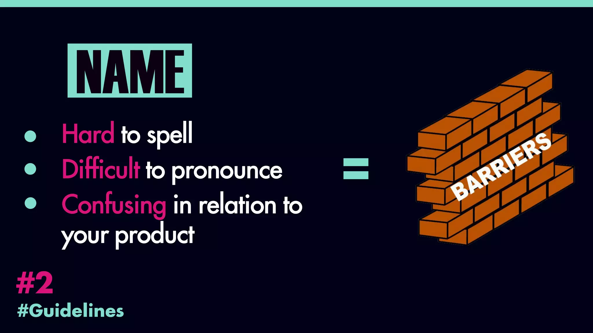 #Guidelines
#2
NAME
Hard to spell
Difficult to pronounce
Confusing in relation to
your product
=
 