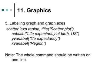 11. Graphics 
5. Labeling graph and graph axes 
scatter lexp region, title("Scatter plot") 
subtitle("Life expectancy at birth, US") 
yvarlabel("life expectancy") 
xvarlabel("Region") 
Note: The whole command should be written on 
one line. 
 