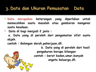 Data merupakan keterangan yang diperlukan untuk
 memecahkan suatu masalah atau gambaran mengenai
 suatu keadaan.
 Data di bagi menjadi 2 jenis :
  a. Data yang di peroleh dari pengamatan sifat suatu
 objek.
 contoh : Golongan darah,pekerjaan,dll.
                        b. Data yang di peroleh dari hasil
                     pengukuran berupa bilangan
                   contoh : berat badan,umur,banyak
                             angota keluarga,dll.
 