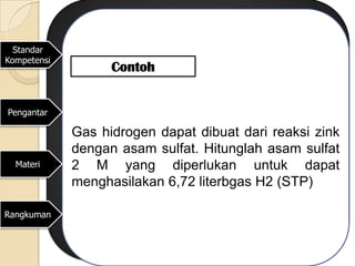 Standar
Kompetensi
                   Contoh


Pengantar

             Gas hidrogen dapat dibuat dari reaksi zink
             dengan asam sulfat. Hitunglah asam sulfat
  Materi     2 M yang diperlukan untuk dapat
             menghasilakan 6,72 literbgas H2 (STP)

Rangkuman
 