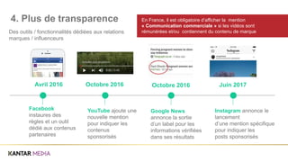 YouTube ajoute une
nouvelle mention
pour indiquer les
contenus
sponsorisés
En France, il est obligatoire d’afficher la mention
« Communication commerciale » si les vidéos sont
rémunérées et/ou contiennent du contenu de marque
Google News
annonce la sortie
d’un label pour les
informations vérifiées
dans ses résultats
Facebook
instaures des
règles et un outil
dédié aux contenus
partenaires
Instagram annonce le
lancement
d’une mention spécifique
pour indiquer les
posts sponsorisés
Des outils / fonctionnalités dédiées aux relations
marques / influenceurs
4. Plus de transparence
Avril 2016 Octobre 2016 Octobre 2016 Juin 2017
 