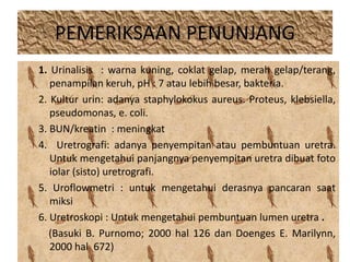 PEMERIKSAAN PENUNJANG 
1. Urinalisis : warna kuning, coklat gelap, merah gelap/terang, 
penampilan keruh, pH : 7 atau lebih besar, bakteria. 
2. Kultur urin: adanya staphylokokus aureus. Proteus, klebsiella, 
pseudomonas, e. coli. 
3. BUN/kreatin : meningkat 
4. Uretrografi: adanya penyempitan atau pembuntuan uretra. 
Untuk mengetahui panjangnya penyempitan uretra dibuat foto 
iolar (sisto) uretrografi. 
5. Uroflowmetri : untuk mengetahui derasnya pancaran saat 
miksi 
6. Uretroskopi : Untuk mengetahui pembuntuan lumen uretra . 
(Basuki B. Purnomo; 2000 hal 126 dan Doenges E. Marilynn, 
2000 hal 672) 
 