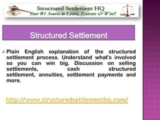  Plain English explanation of the structured
  settlement process. Understand what's involved
  so you can win big. Discussion on selling
  settlements,           cash          structured
  settlement, annuities, settlement payments and
  more.


 http://www.structuredsettlementhq.com/
 