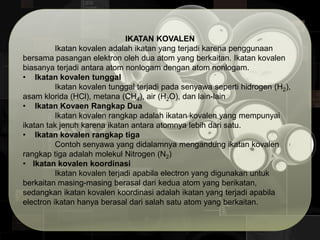 IKATAN KOVALEN
Ikatan kovalen adalah ikatan yang terjadi karena penggunaan
bersama pasangan elektron oleh dua atom yang berkaitan. Ikatan kovalen
biasanya terjadi antara atom nonlogam dengan atom nonlogam.
• Ikatan kovalen tunggal
Ikatan kovalen tunggal terjadi pada senyawa seperti hidrogen (H2),
asam klorida (HCl), metana (CH4), air (H2O), dan lain-lain
• Ikatan Kovaen Rangkap Dua
Ikatan kovalen rangkap adalah ikatan kovalen yang mempunyai
ikatan tak jenuh karena ikatan antara atomnya lebih dari satu.
• Ikatan kovalen rangkap tiga
Contoh senyawa yang didalamnya mengandung ikatan kovalen
rangkap tiga adalah molekul Nitrogen (N2)
• Ikatan kovalen koordinasi
Ikatan kovalen terjadi apabila electron yang digunakan untuk
berkaitan masing-masing berasal dari kedua atom yang berikatan,
sedangkan ikatan kovalen koordinasi adalah ikatan yang terjadi apabila
electron ikatan hanya berasal dari salah satu atom yang berkaitan.
 