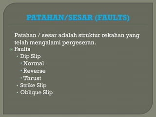 PATAHAN/SESAR (FAULTS)

  Patahan / sesar adalah struktur rekahan yang
  telah mengalami pergeseran.
 Faults
  • Dip Slip
    Normal
    Reverse
    Thrust
  • Strike Slip
  • Oblique Slip
 