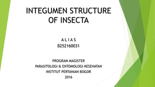 INTEGUMEN STRUCTURE
OF INSECTA
A L I A S
B252160031
PROGRAM MAGISTER
PARASITOLOGI & ENTOMOLOGI KESEHATAN
INSTITUT PERTANIAN BOGOR
2016
 