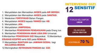 1. Menyediakan dan Memastikan AKSES pada AIR BERSIH.
2. Menyediakan dan Memastikan AKSES pada SANITASI.
3. Melakukan FORTIFIKASI Bahan Pangan.
4. Menyediakan AKSES kepada YANKES dan KB.
5. Menyediakan JKN.
6. Menyediakan JAMPERSAL
7. Memberikan PENDIDIKAN PENGASUHAN pada Orang tua.
8. Memberikan PENDIDIKAN ANAK USIA DINI Universal.
9.Memberikan PENDIDIKAN GIZI Masyarakat. 10.Memberikan
EDUKASI KESPRO serta GIZI pada REMAJA.
11.Menyediakan BANTUAN dan JAMINAN SOSIAL bagi
KELUARGA MISKIN.
12.Meningkatkan KETAHANAN PANGAN dan GIZI.
INTERVENSI GIZI
SENSITIF
FOKUS KELOMPOK
UMUM
DILAKUKAN
LINTAS SEKTOR
KONTRIBUSI 70 %
 