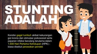 12
Kondisi gagal tumbuh akibat kekurangan
gizi kronis dan stimulasi psikososial serta
paparan infeksi berulang terutama dalam
1.000 Hari Pertama Kehidupan (HPK) -
biasa disebut perawakan pendek
STUNTING
ADALAH
 