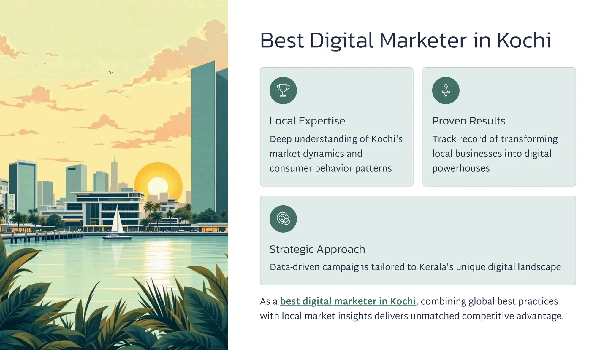 Best Digital Marketer in Kochi
Local Expertise
Deep understanding of Kochi's
market dynamics and
consumer behavior patterns
Proven Results
Track record of transforming
local businesses into digital
powerhouses
Strategic Approach
Data-driven campaigns tailored to Kerala's unique digital landscape
As a best digital marketer in Kochi, combining global best practices
with local market insights delivers unmatched competitive advantage.
 
